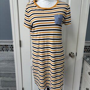 Tommy Hilfiger Womens Black White Gold Stripe Pocket T-Shirt Dress Size L Casual
